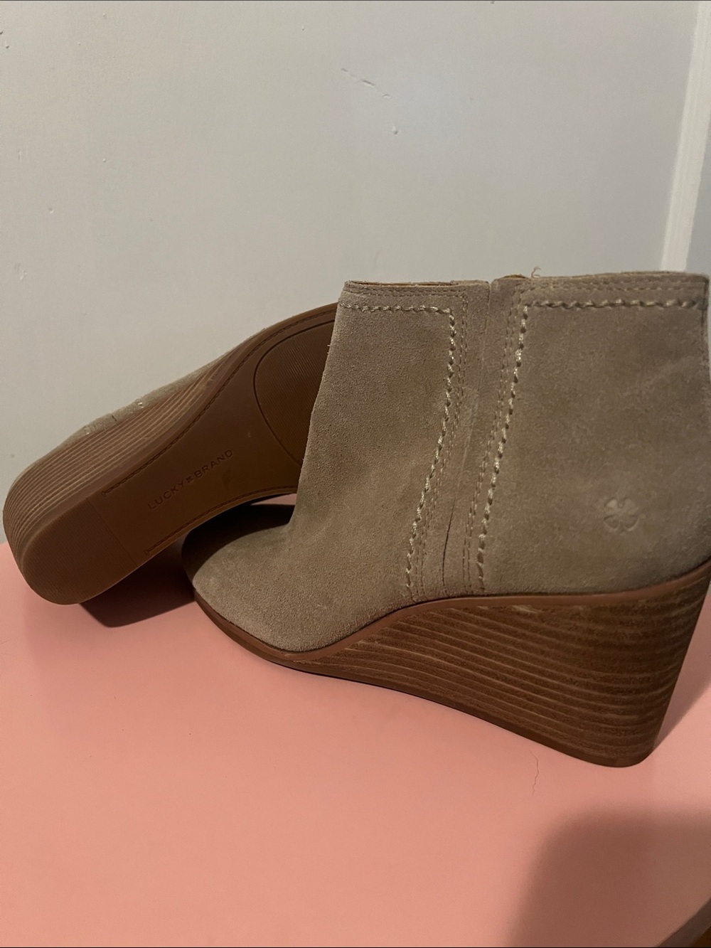 Lucky Brand Taupe Suede Wedge Booties - Ankle Wedges
